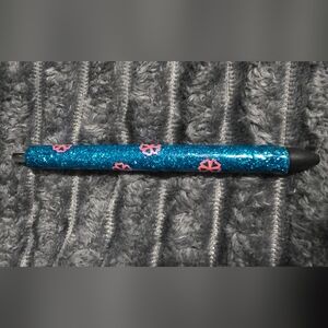 Blue Glittery Pen with Flower Accents